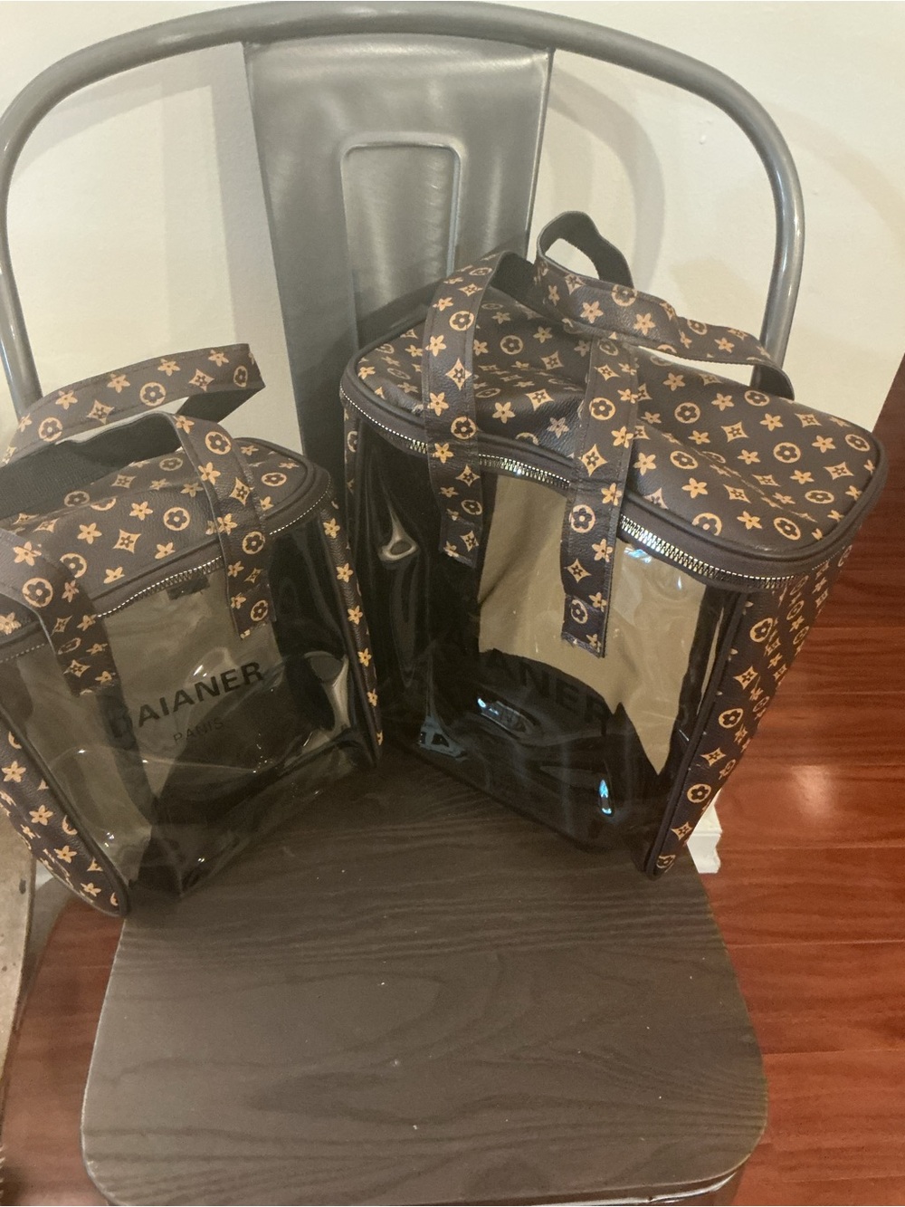 Clear Vinyl Travel Cosmetic Bags with Brown Monogram Trim NWOT